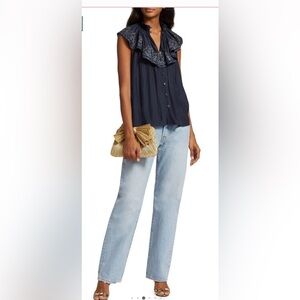 Ramy Brook Abbe Ruffled Overlay Blouse in Navy Women Size X-Small NEW Elegant